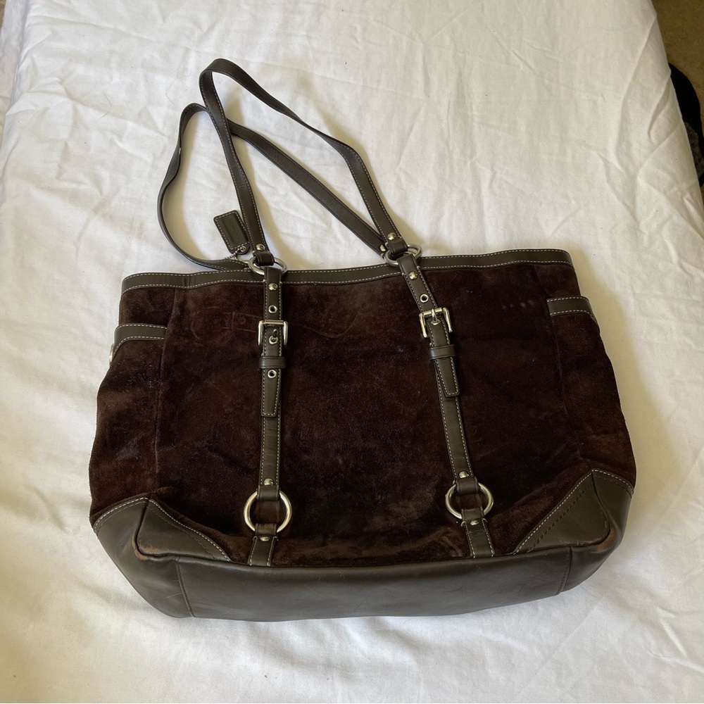 Coach purse - dark brown suede with silver buckles
